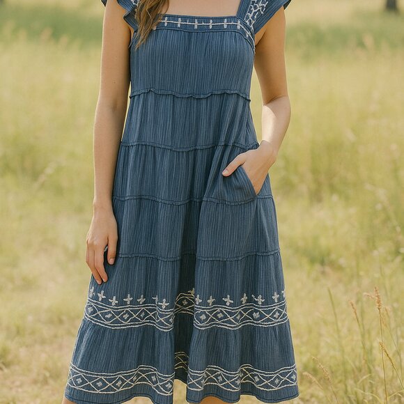 Knox Rose Ruffle Short Sleeve Embroidered Tiered‎ A-Line Midi Dress Size XS Grey - Picture 1 of 10